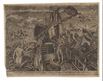 1592 Collaert Engraving Christopher Columbus: Circa 1592 engraving “Christophorus Columbus Ligur…”, by Adriaen Collaert (1560-1618) after Stradanus. Antwerp. Very Good, light creasing and trim at lower left corner. Measures 11 x 9”. Reser