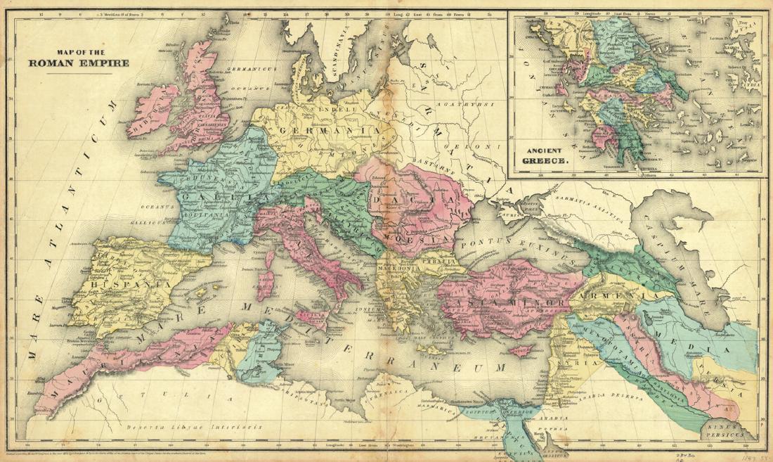 Map of the Roman Empire: Title: Map of the Roman Empire Publication Date: 1855 Cartographer: SMITH, ROSWELL C. Publisher: DANIEL BURGESS & CO. Size: 11.25Height - 18.75Width Brief Description: From Smith's atlas of modern and