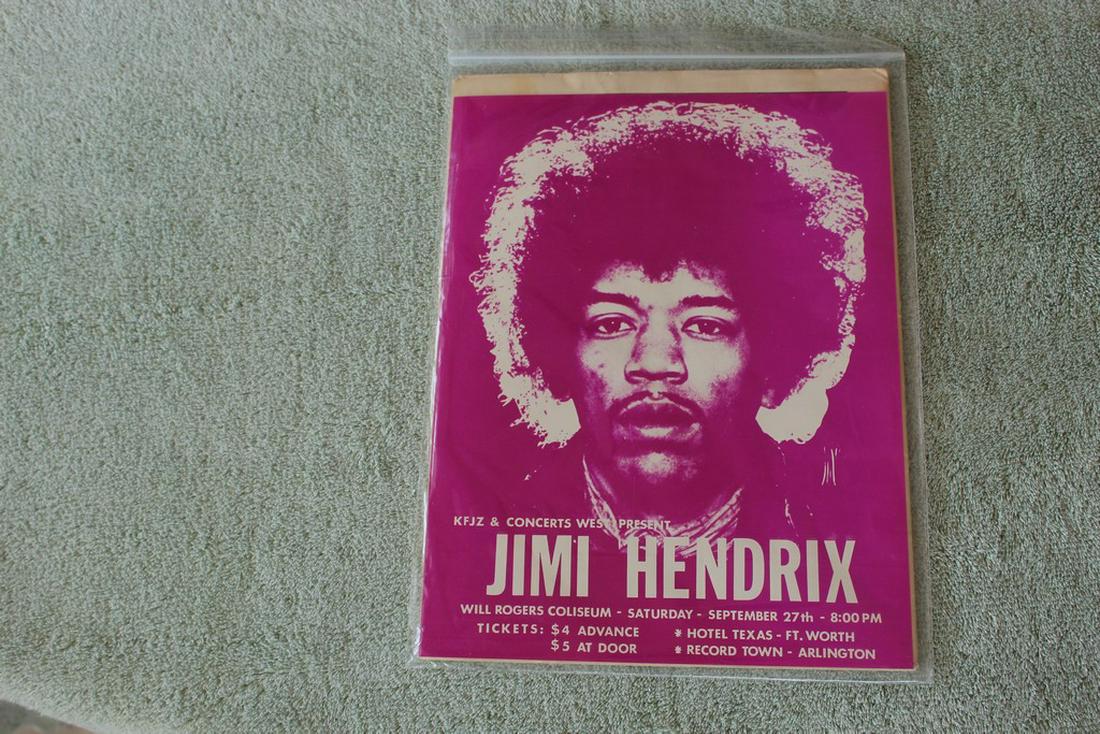 Jimi Hendrix Will Rogers Coliseum: "This high-grade handbill is from a 1969 cancelled Jimi Hendrix show. After Woodstock, Hendrix canceled a handful of performances, this among them. The artist took a break from touring for the remaind