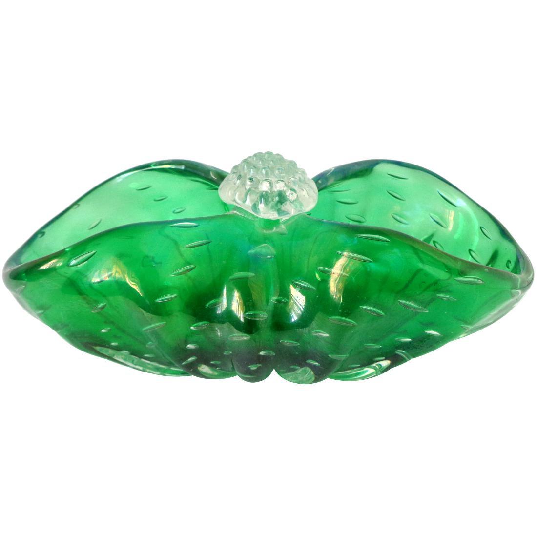Barovier Murano Green Iridescent Art Glass Basket Bowl: No Reserve! Murano hand blown green, controlled bubbles and iridescent surface art glass basket bowl. Attributed to the Barovier e Toso company. Measures 7 1/4" long x 4" wide x 3" high. Shipping: Dom