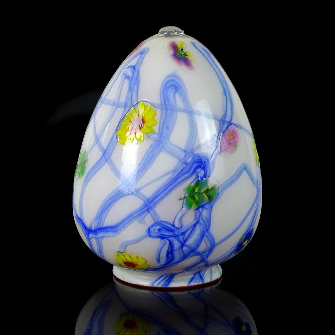 Artisti Barovier Murano A Murrine Floreali Shade Vase: Rare Murano hand blown white, with blue trails and flower murrines Italian art glass hanging vase or lamp shade. Attributed to Artisti Barovier, in the A Murrine Floreali design, circa 1920-30s. Measu