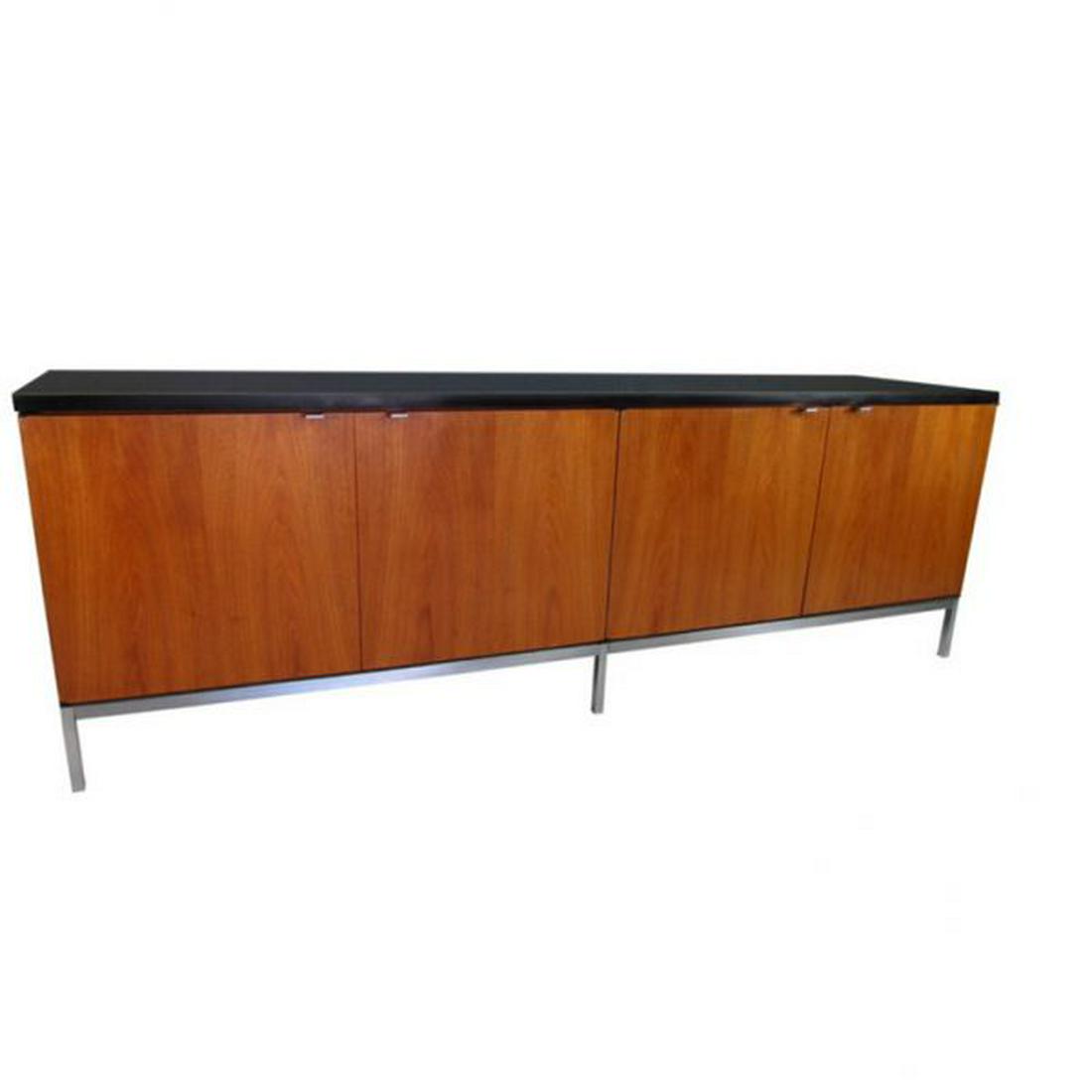 Florence Knoll Teak 4 Door Front Credenza Og Vitrolite: Early teak 4 door front credenza with a custom and original vitrolite glass top. Designed by Florence Knoll and Manufactured by Knoll Associates circa 1960’s. Vitrolite glass top shows wear consiste