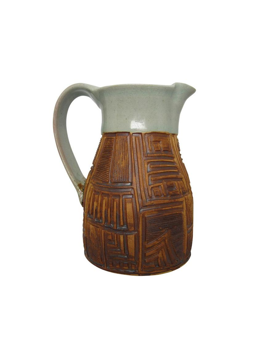 Small Geometric Pitcher by Ingrid Guiter for Amancay: Exceptional small studio pitcher by Argentinean artist Ingrid Guiter for her Amancay pottery which is also her studio & company now residing in NY. Great piece shows some crazing at top. Circa late 90