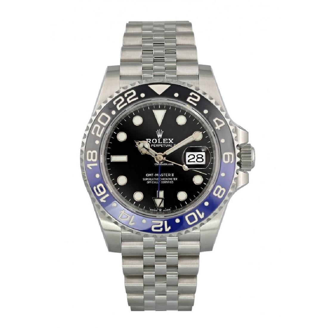 Rolex GMT Master II 126710 Batman Mens Watch NEW: Details Rolex GMT Master II 126710 Men Watch. 40mm Stainless Steel case. Bi-directional rotating blue and black Batman bezel. Black dial with luminous steel- hands and dot hour markers. Date display a