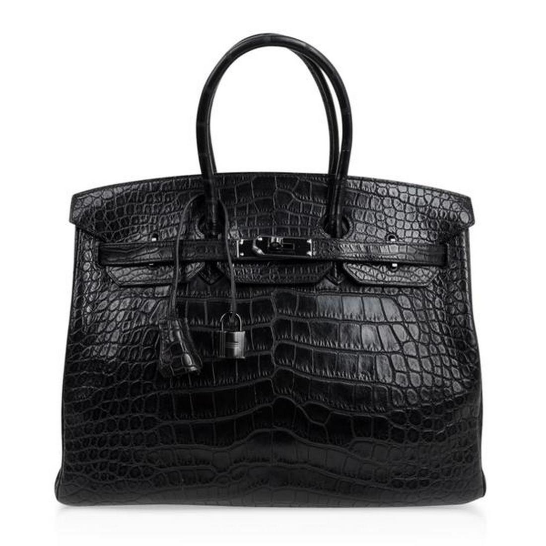 Hermes Birkin 35 Bag So Black Matte Alligator Black: New Black hardware with plastic brings this coveted collectors unicorn to your collection. Comes with signature Hermes box, lock, keys, clochette, sleepers, and raincoat. BAG MEASURES: LENGTH 35cm / 1