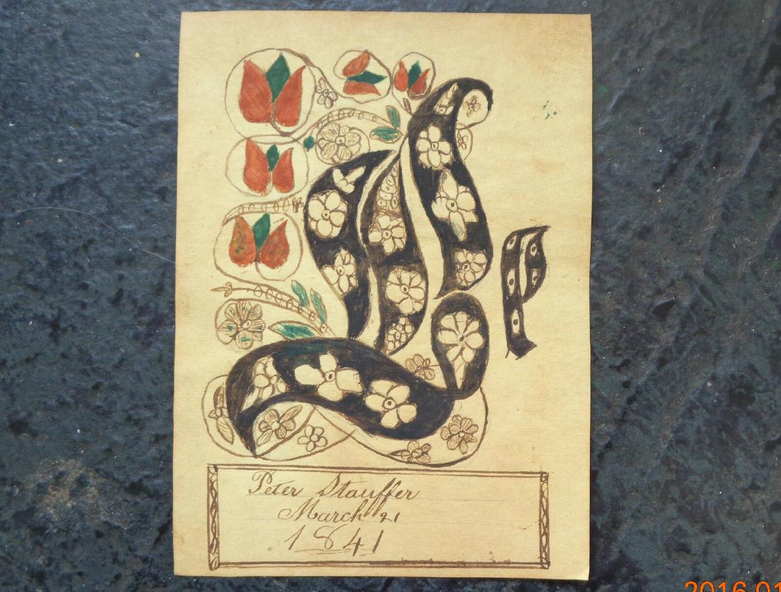 rare hand ink fraktur book plate Peter Stauffer 1841: Fine original antique folk art fraktur book plate. Drawn by Peter Staufferand dated 1841. Pale yellow paper. Measures 5 3/8" x 3 7/8. Very exact match to a known work in the Free Library of Pennsylvan