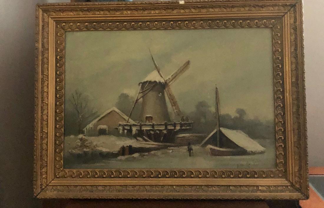 Oil painting of Windmill: Title: Oil painting of Windmill Date/Period: Early-Mid 1900's Materials: wood and board Dimensions: 18"X24" approx. Description: A beautiful signed image of a windmill along a canal painted on board b