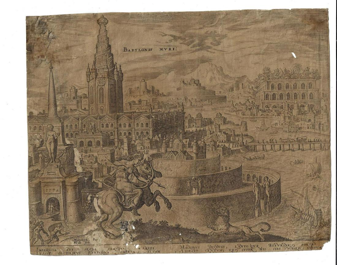 1572 Engraving Heemskerch Babylonis Muri: Engraving of “Babylonis Muri” by Philip Galle after Maarten van Heemskerck, 1572. Good condition. Measures 10 x 8”. Reserve: $30.00 Shipping: Domestic: Flat-rate of $5.00 to anywhere within the 