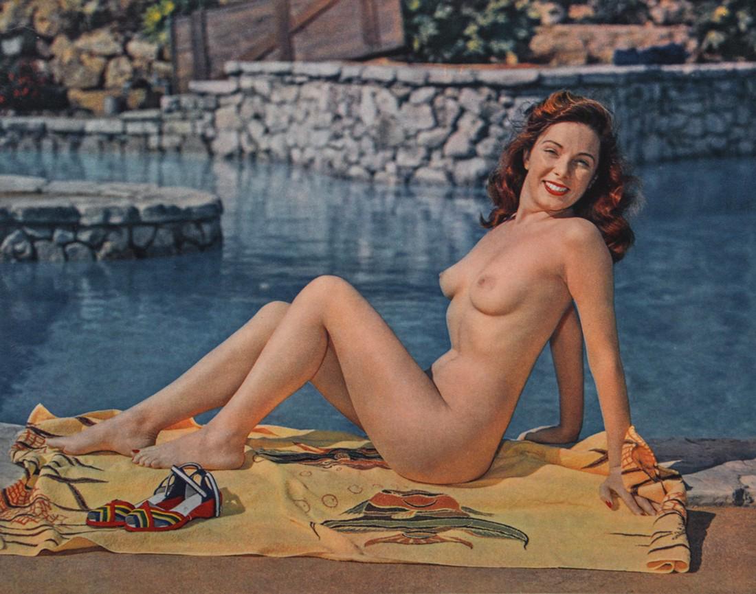 THEDA AND EMERSON HALL - Pool Nude: Artist: Theda and Emerson Hall Title: Pool Nude Medium: Color Sheet Fed Gravure, 1950s, France Dimensions: 11.3x8.95" Heat Wax Mounted on 14x18" Conservation Board Theda and Emerson Hall where a husba