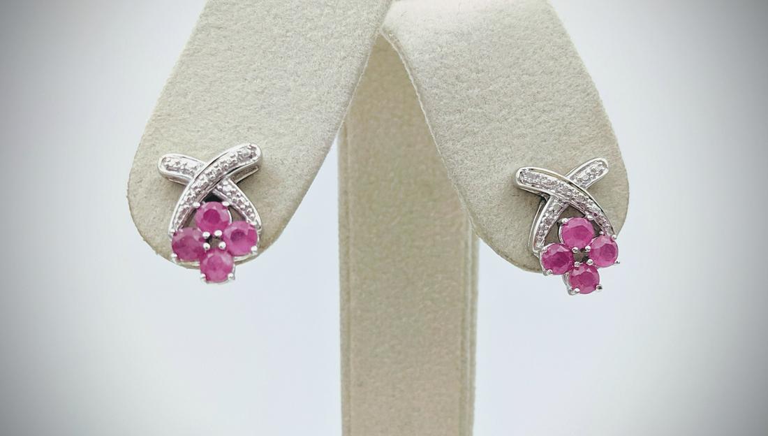 Sterling Silver Diamond w Raw Ruby Earrings (1 of 4)