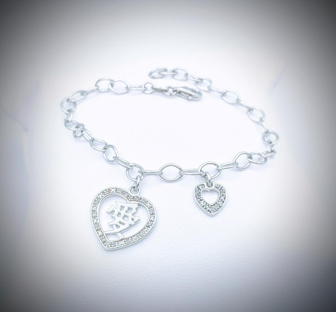 Sterling Silver Italian Bracelet w Two Heart Diamond (1 of 4)