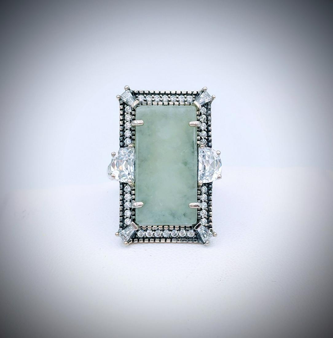 Sterling Silver Rectangular Shaped Jade & CZ Ring Sz 7 (1 of 4)