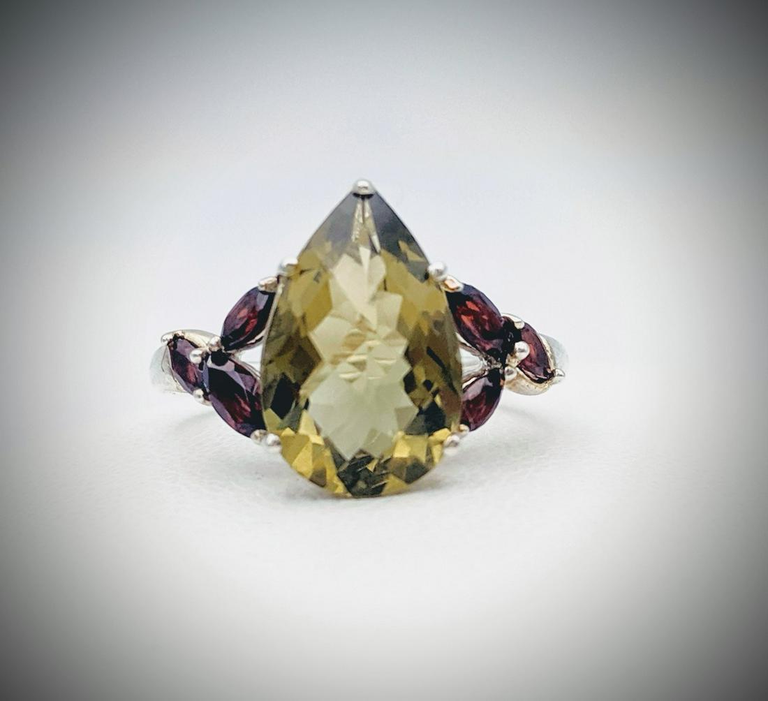 Sterling Silver Sz 7 Green Amethyst & Red Garnet Ring (1 of 4)