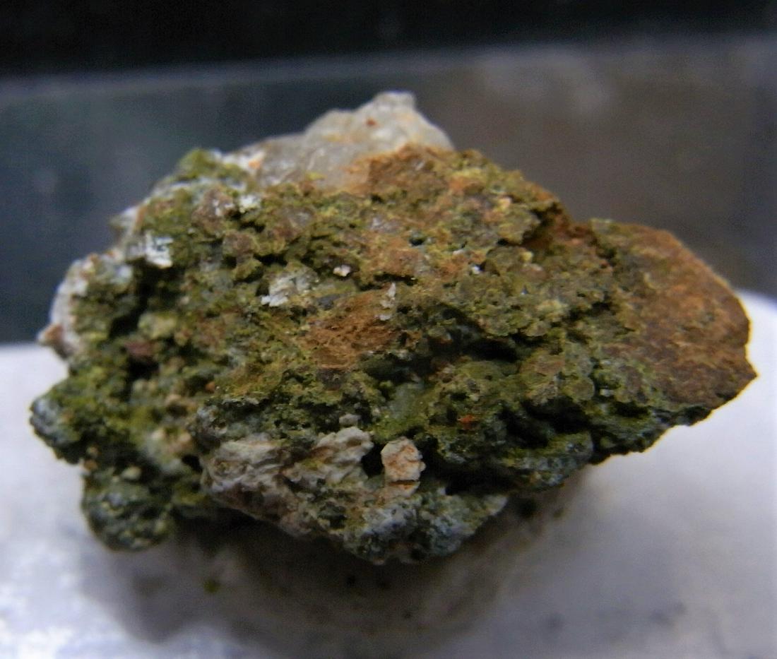 OSARIZAWAITE - RARE COLLECTORS ITEM: Title: OSARIZAWAITE - RARE COLLECTORS ITEM Origin: Sol Mine, Rodalquilar, Almeria, Spain Size: 1.3x0.8x0.5 cm Description: green microcrystals of the rare osarizawaite on quartz matrix. in display box