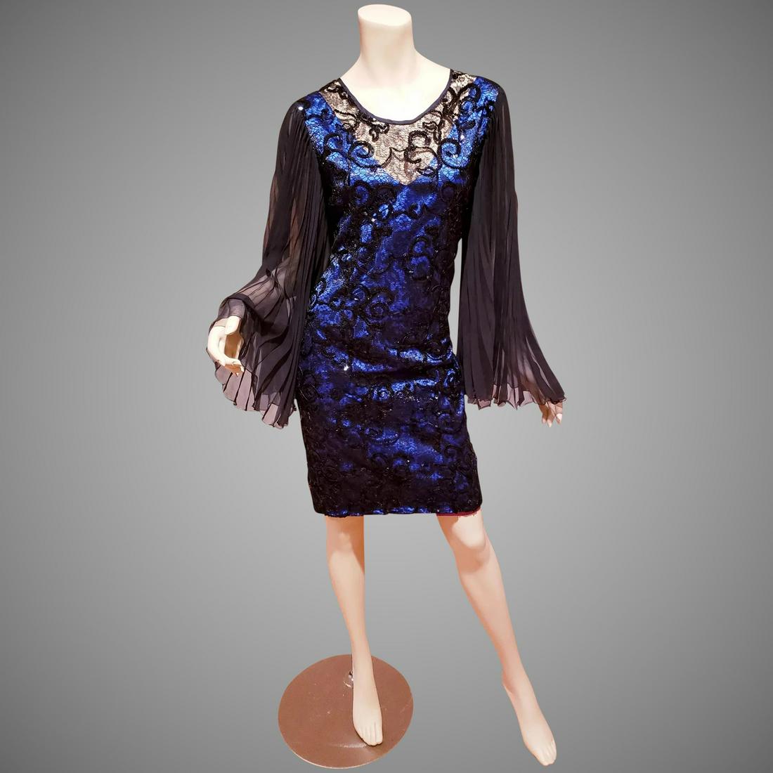 Vtg Guy Laroche Paris Demi Couture lace Dress pleated: This one is a stunner , Demi Couture, Iconic Guy Laroche Boutique Lace dress atop an azul blue satin,pleated chiffon bat sleeves , sweetheart bodice. In very good vintage condition,late 1980's early 9