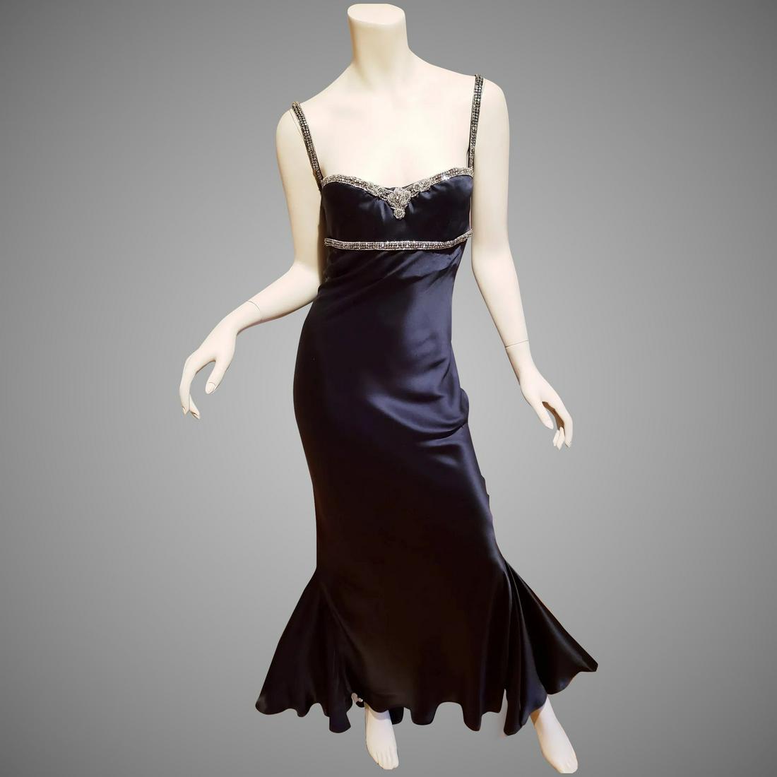 Vtg Roberto Cavalli bustier silk bias gown embellished: A stunner from the late 90's by famous Roberto Cavalli. silk cut on a Bias with side paneled Train and back train. The details are amazing. It has the 1920's look of Hollywood regency gown or Film Noi
