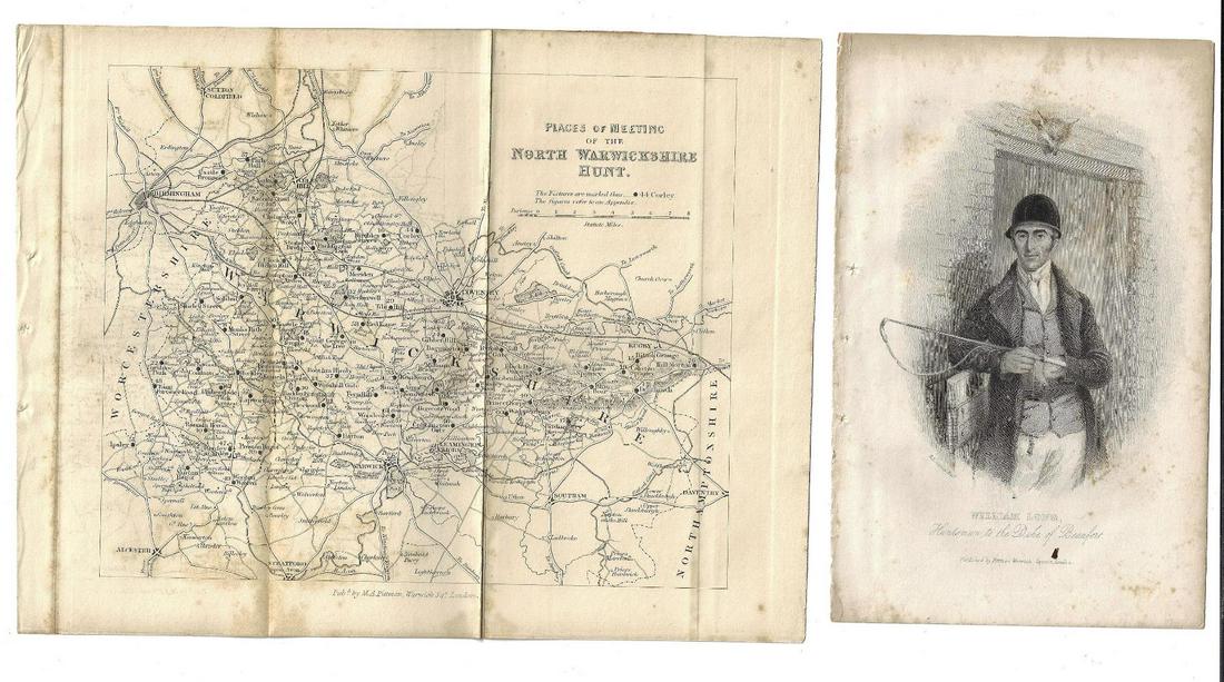 c1820 Engravings of Horse Racing and Hunt Map: Three engravings: of the race horse “Treacle” and the other of William Long, a Huntsman. Also a folding map of the Places of Meeting of the North Warwickshire Hunt. Very Good, 5 x 8” and 11 x 8.