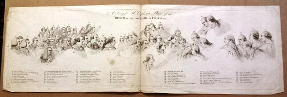 1791 Copley Engraving Death of Earl Chatham: 1791 engraving Â“A Key for Mr. CopleyÂ’s Plate of the Death of the Late Earl of ChathamÂ”, published by John Singleton Copley at London. Very Good, center fold. Measures 31 x 10Â”. Reserve