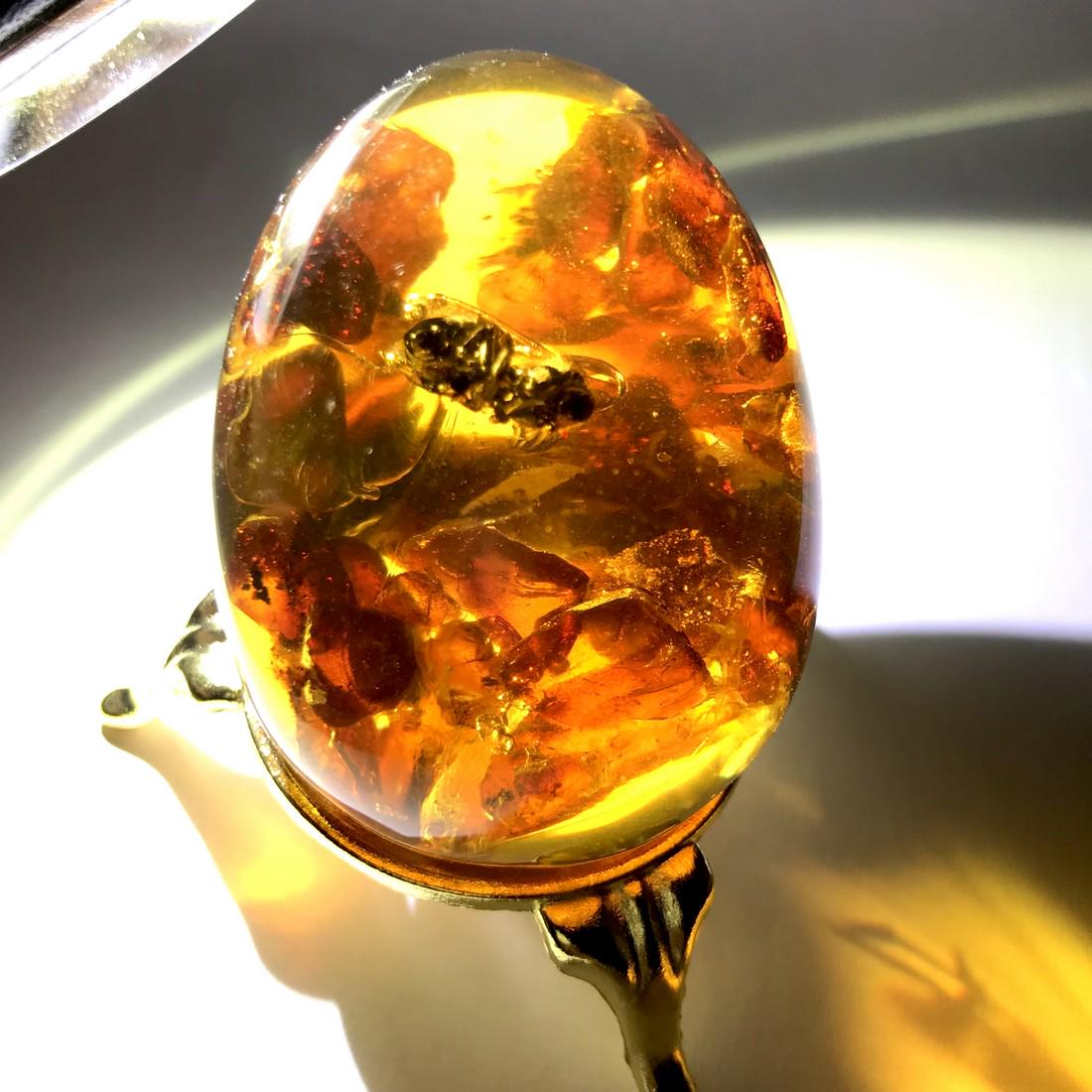 Amber egg with bee insect inclusion, on the stand (1 of 10)