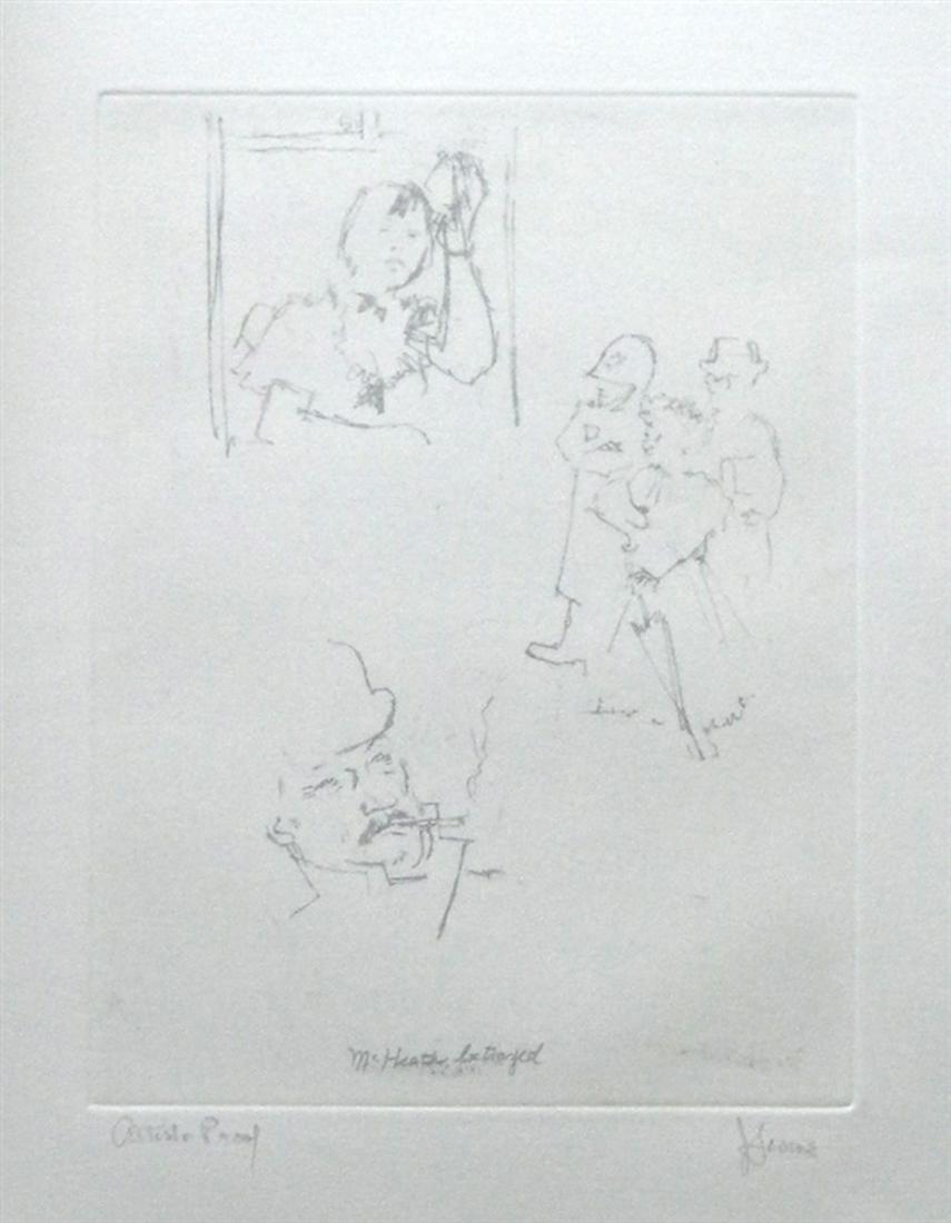 Jack Levine signed original etching "McHeath Betrayed": Medium: original soft ground etching, signed in pencil and annotated "Artist's Proof". This etching was executed in 1967 for the "Dreigroschen Film" series, for the limited edition portfolio published