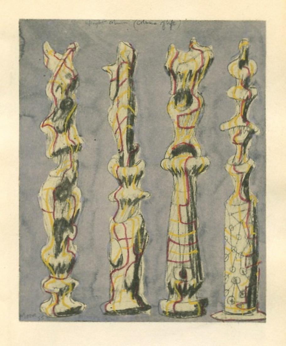 Henry Moore pochoir "Motif vertical": Vertical Motif Medium: pochoir (after the watercolor). Printed in Paris by the atelier of Daniel Jacomet, and published in 1957 by Berggruen for a rare catalogue. The image measures 4 5/8 x 3 7/8 inch
