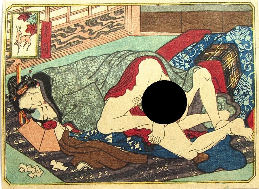 shunga: Artist: Utagawa school Subject: Shunga, Maple leaves and deer, 10th month Series: A series showing a rectangular cartouche with a flower Signature: None Date: mid-19th century Format: koban, 12.2 x 9.