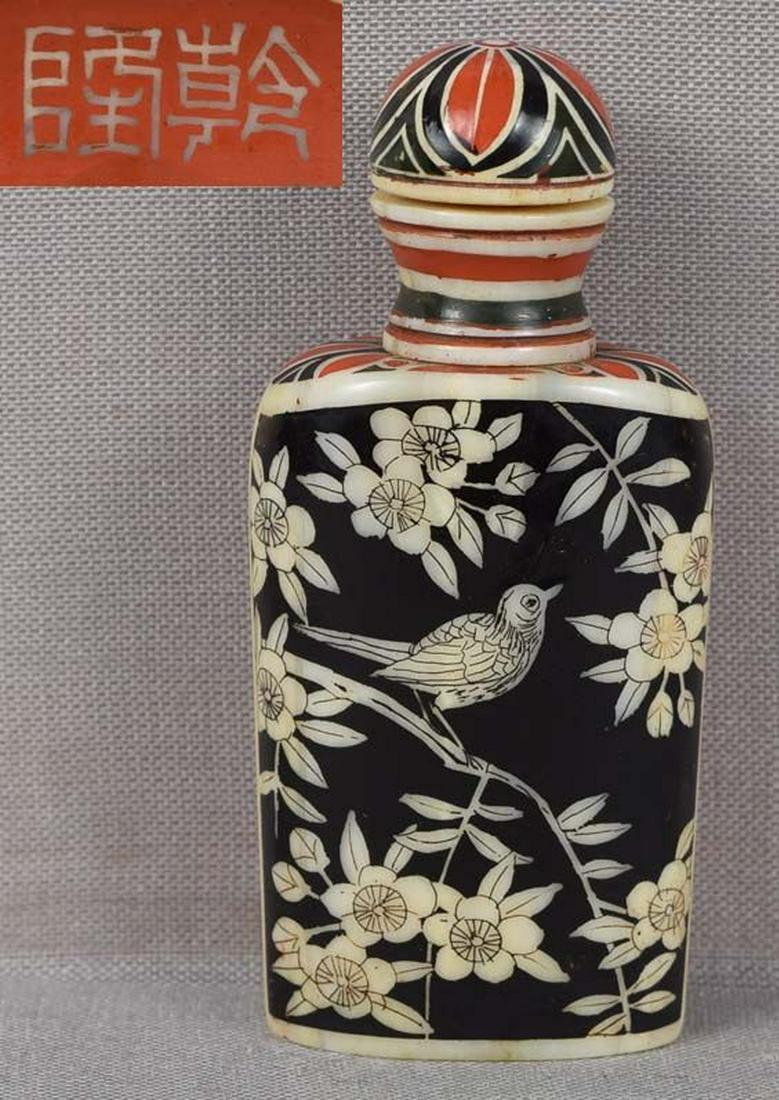 19c Japanese lacquered SNUFF BOTTLE birds bamboo & (1 of 4)