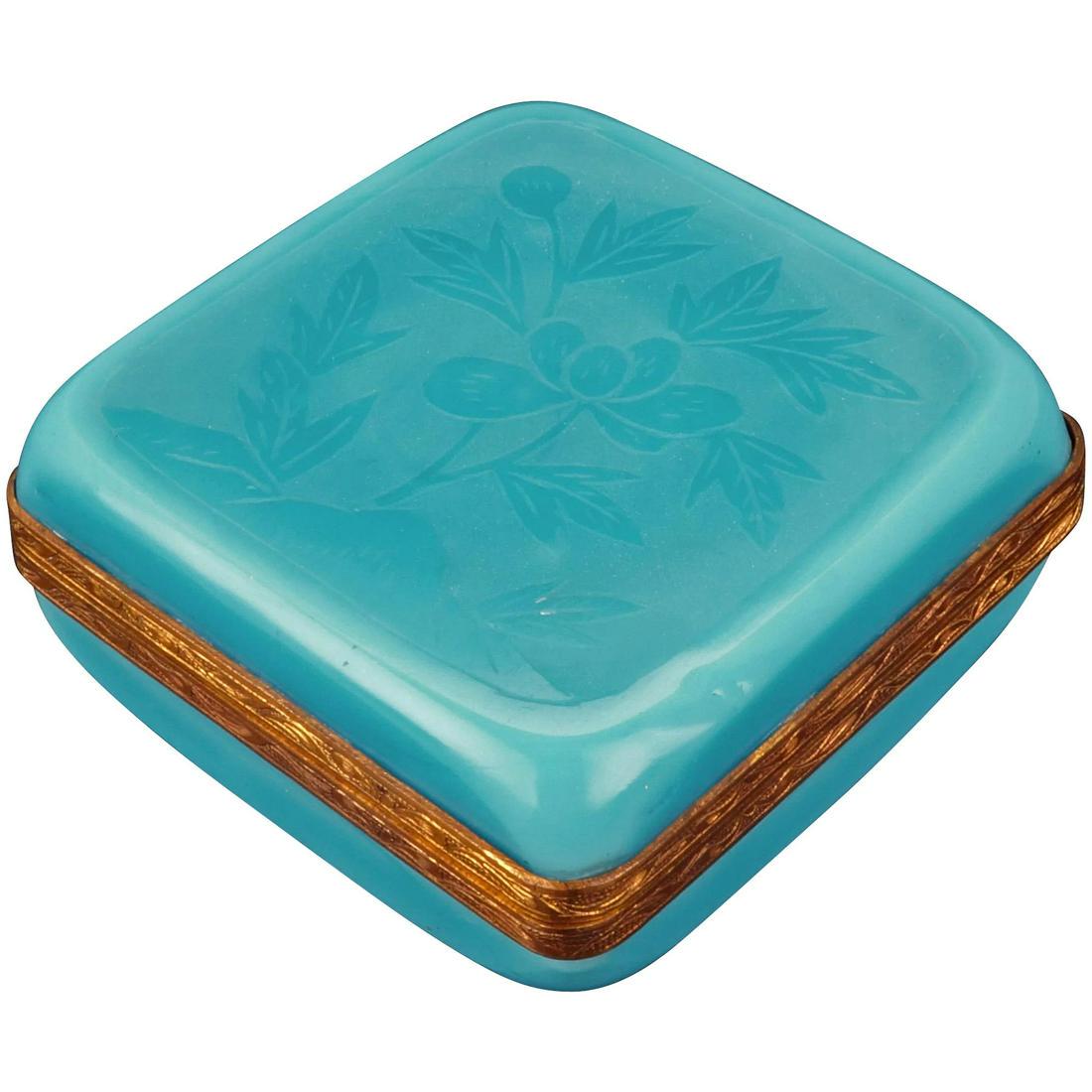 Chinese turquoise Peking glass box with etched peony (1 of 6)