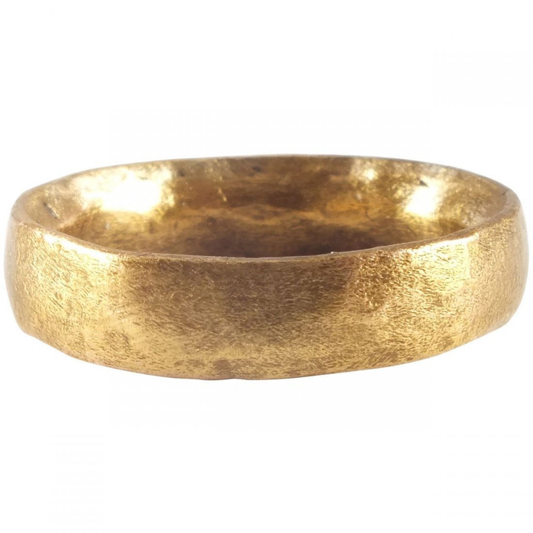 ANCIENT VIKING WOMAN’S WEDDING RING C.850-1050 AD: Medium, flat faced band. Size 6 ¼. Vikings exchanged rings on the pommel of the groom’s sword. Fine patina. Professionally refurbished with the gold overlay restored for contemporary wear. Gift box