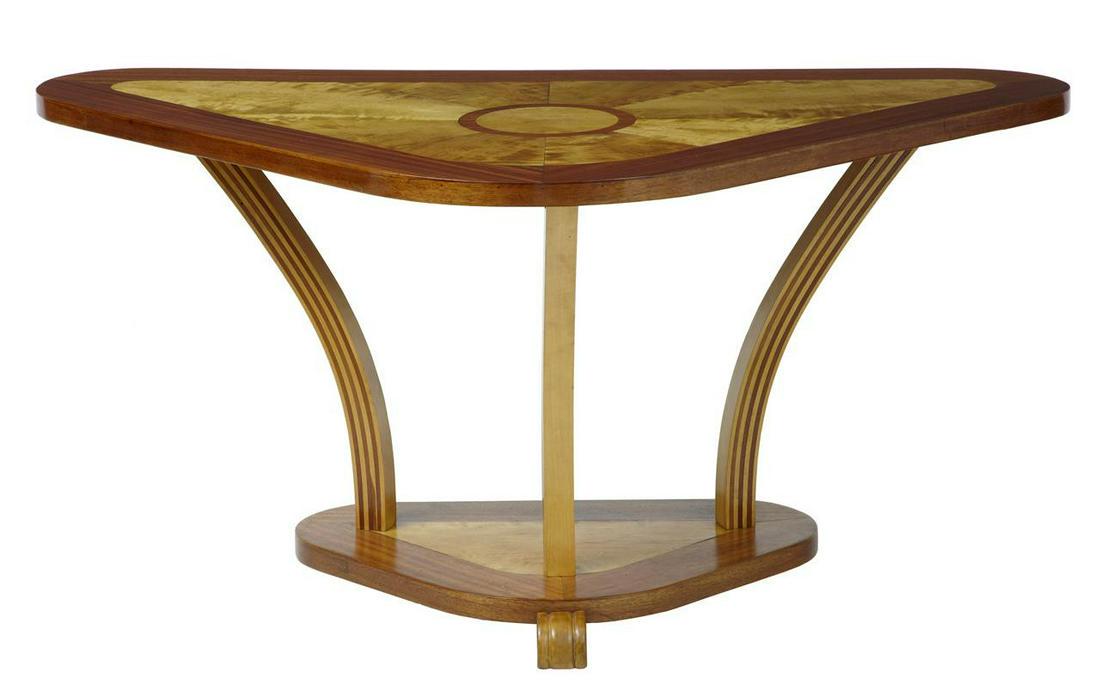 ART DECO 1920's BIRCH AND MAHOGANY INLAID SHAPED: Title: ART DECO 1920's BIRCH AND MAHOGANY INLAID SHAPED CONSOLE TABLE Dimensions: Height; 27.75 inches / 70CM; Width; 52.5 inches / 133CM; Depth; 29" inches / 74CM Description: USING CONTRASTING MAHOG