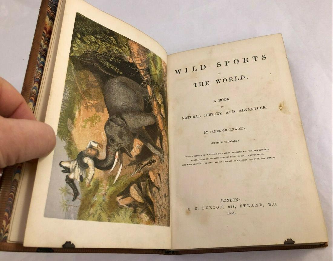 Leather Bound 1864 Big Game Hunting Book: Wild Sports of the World: Portraits of celebrated hunters from original photographs and maps showing the habitats of animals all over the world. James Greenwood; Published S.O. Beeton, London Strand, 
