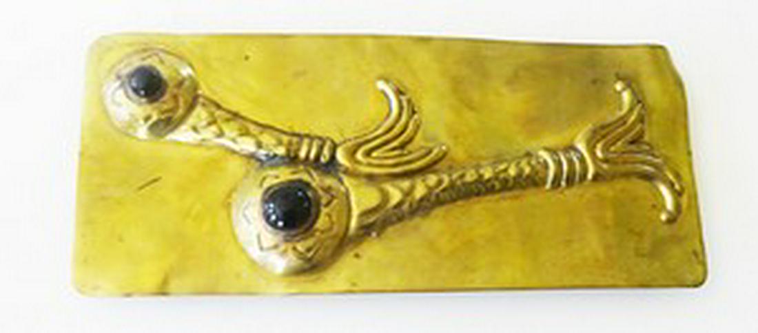Hubert Harmon Belt Buckle Fish Motif: Title: Hubert Harmon Belt Buckle Fish Motif Provenance:Rare Hubert Harmon hand crafted Buckle with 2 fish, with onyx eyes, swimming / Artist Harmon had quite a career , having moved to Taxco after liv