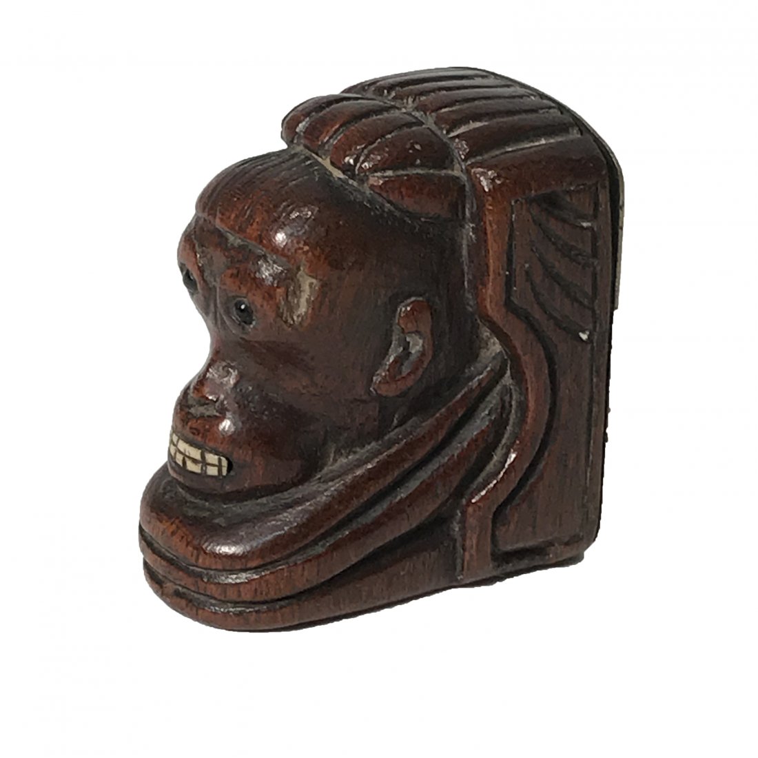 Snuff Box: Title: Snuff Box Dimension: 2Â” Provenance:A folk art carved snuff box. Carved from walnut. Ca. 1850, A carved monkey head with black beads for eyes and bone teeth Shipping: Domestic: Free shipping