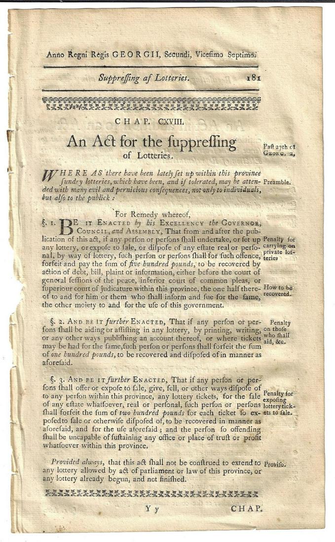 1771 Colonial Act Suppressing Lotteries (1 of 2)