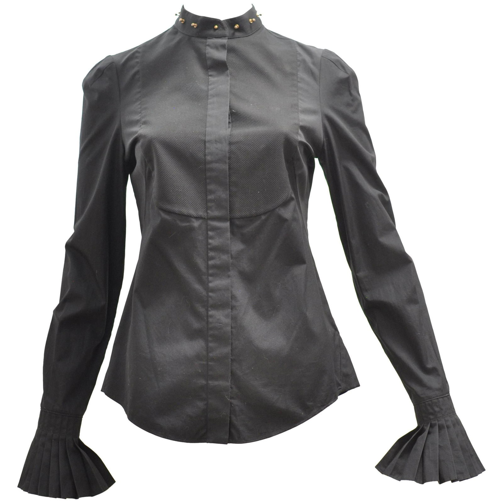 2014 Alexander McQueen Black Stud Collar Tuxedo Shirt: Title: 2014 Alexander McQueen Black Stud Collar Tuxedo Shirt 38 (Itl) Additional Information: Beautiful quality cotton with a studded mandarin collar and piquet bib. There is concealed button fastenin
