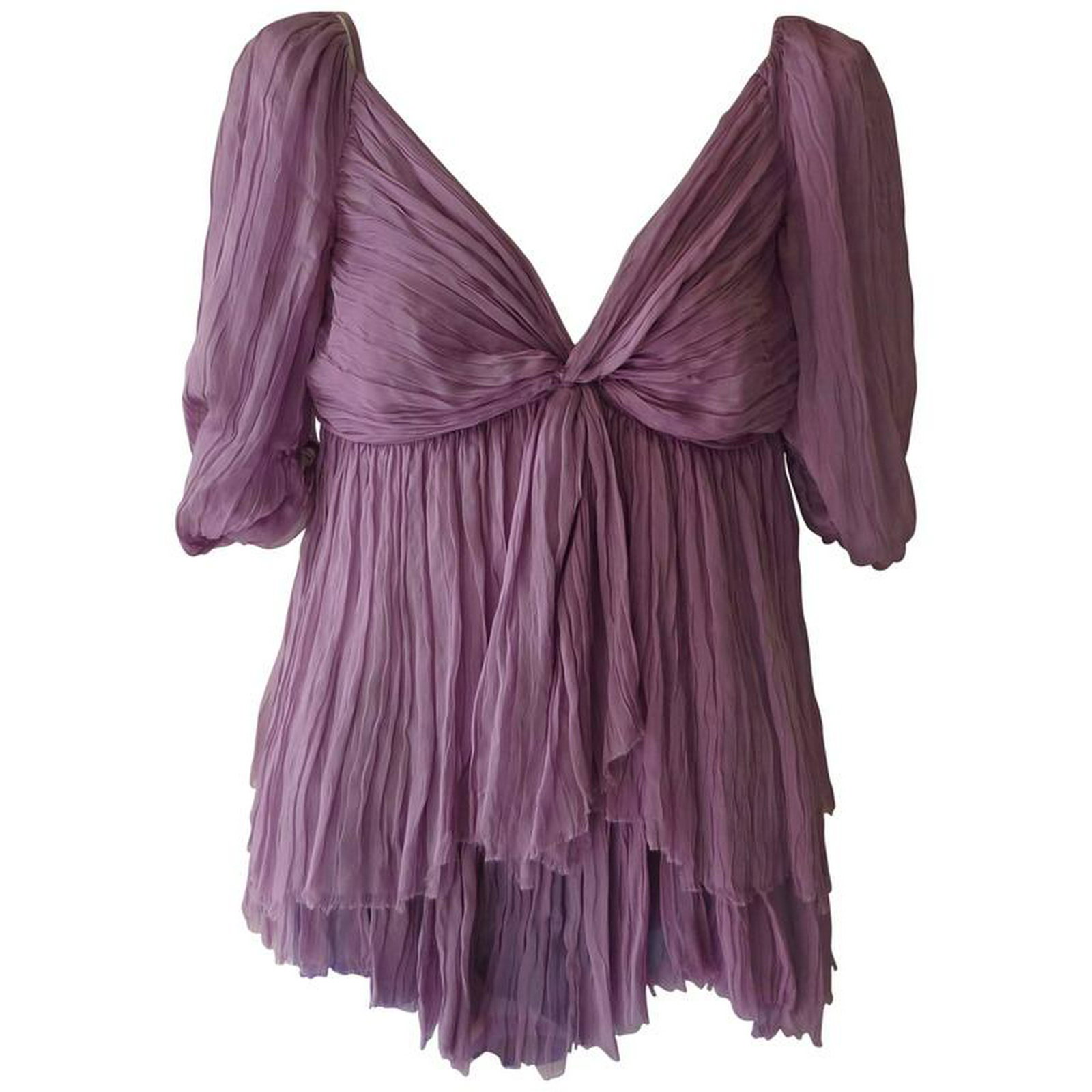 Alberta Ferretti Purple Layered Silk Top (42 ITL): Title: Alberta Ferretti Purple Layered Silk Top (42 ITL) Additional Information: Grecian style, with a low square back embellished with a braided accent with gold thread running through it. There are 