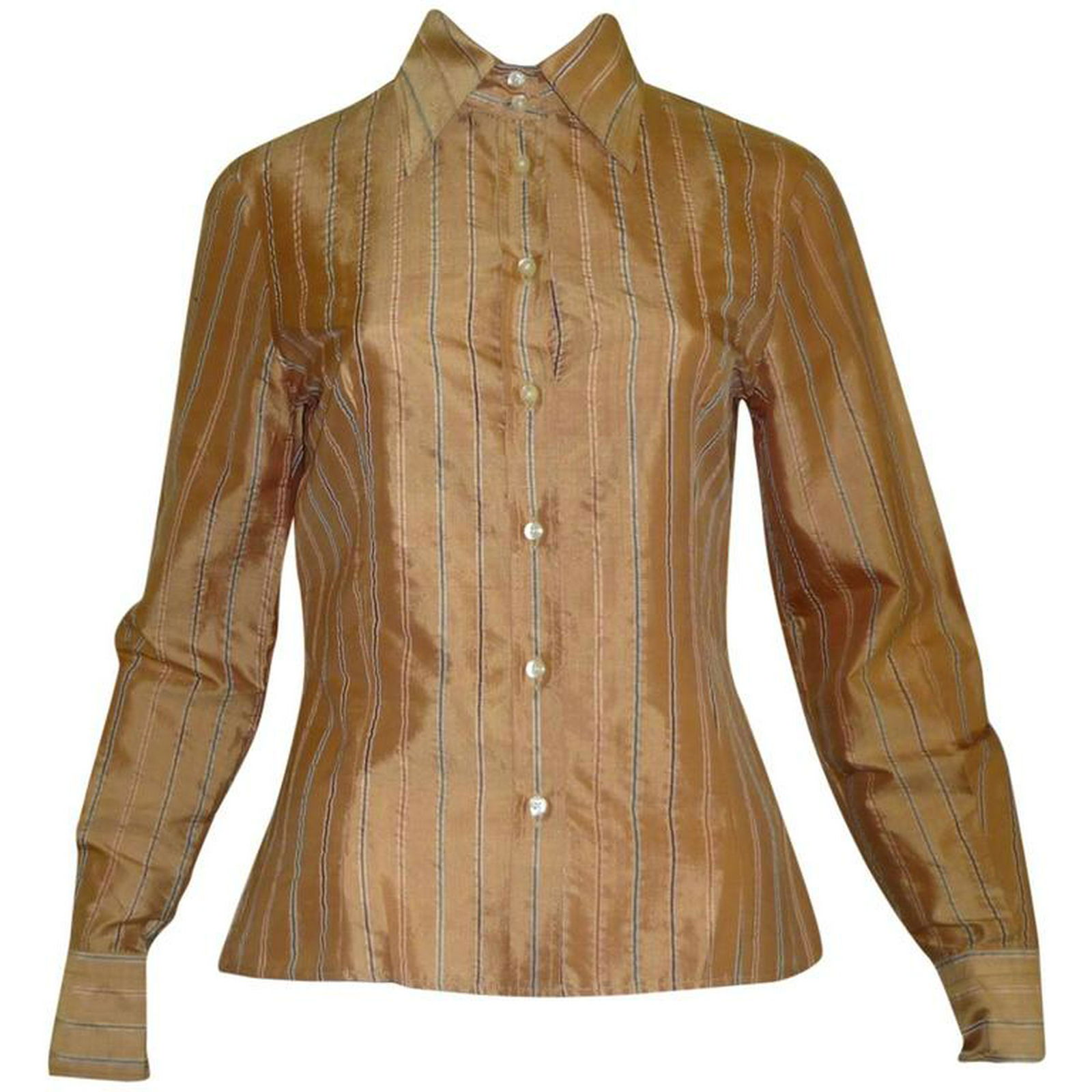 ETRO Silk Shirt (42 ITL): Title: ETRO Silk Shirt (42 ITL) Additional Information: Vey nice fitted raw silk shirt with a golden bronze background and multicolored stripes. : Details Brand Etro Place of Origin Italy Period Late