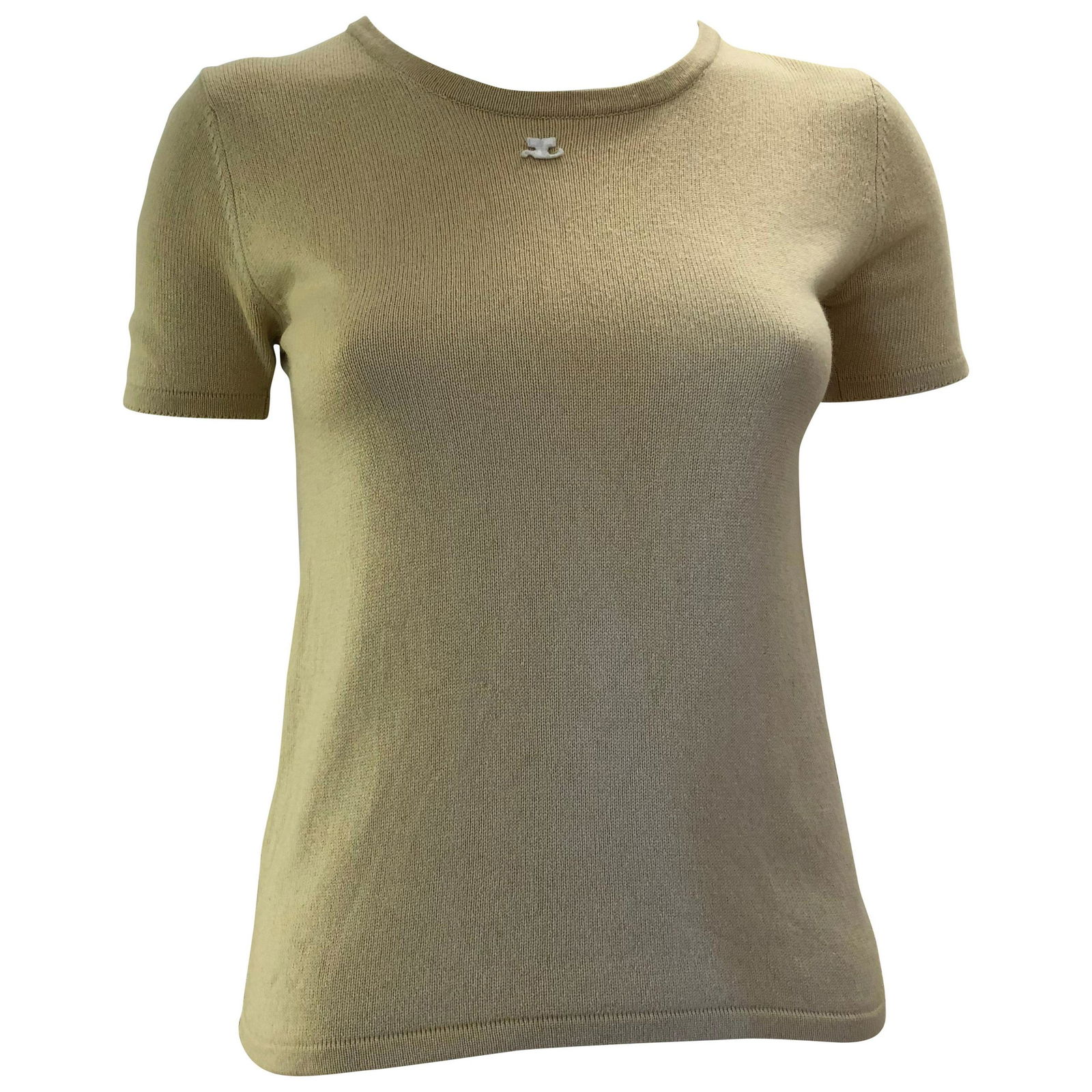1970s Andre Courreges Silk and Cashmere Top: Title: 1970s Andre Courreges Silk and Cashmere Top Additional Information: Nice simple top in a beige with yellow tones. The piece has ribbing on all the extremities and although only 15% cashmere is