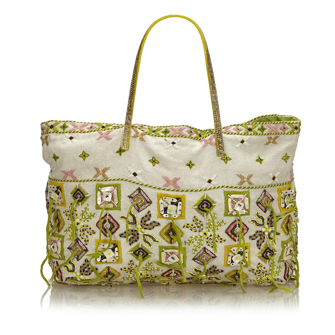 Embroidered Cotton Tote Bag: Title:Embroidered Cotton Tote Bag Brand: Fendi Materials: Fabric x Cotton x Leather x Others Style: Others Color:White x Multi Dimensions:27.5L - 35.5W - 13.5D Drop length(cm): 16 Dust bag:NO Box:NO C