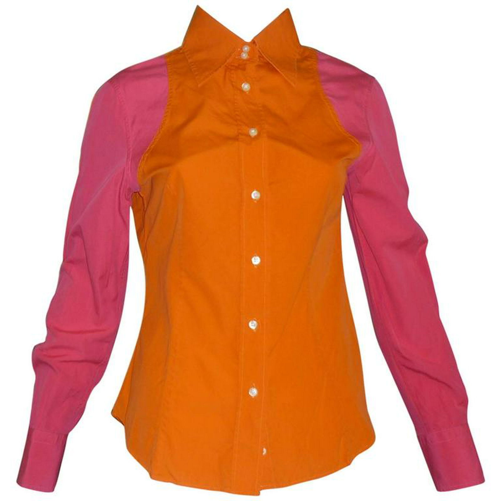 ETRO Color Block Cotton Shirt (44 ITL): Title: ETRO Color Block Cotton Shirt (44 ITL) Additional Information: Orange and fuschi do go together! Will add a pop of color to any outfit. : Details Brand Etro Place of Origin Italy Period Late 20