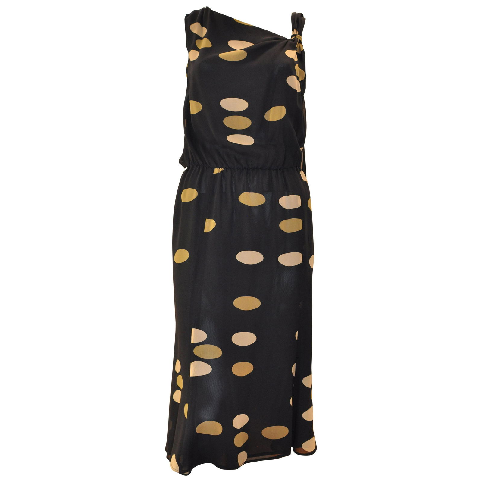 Max Mara Silk Dress with Disc Design 6US: Title: Max Mara Silk Dress with Disc Design 6US Additional Information: Assymetrical neckline and a draped shoulder with scarf detail (the picture shows scarf at back), this dress is easy to wear day