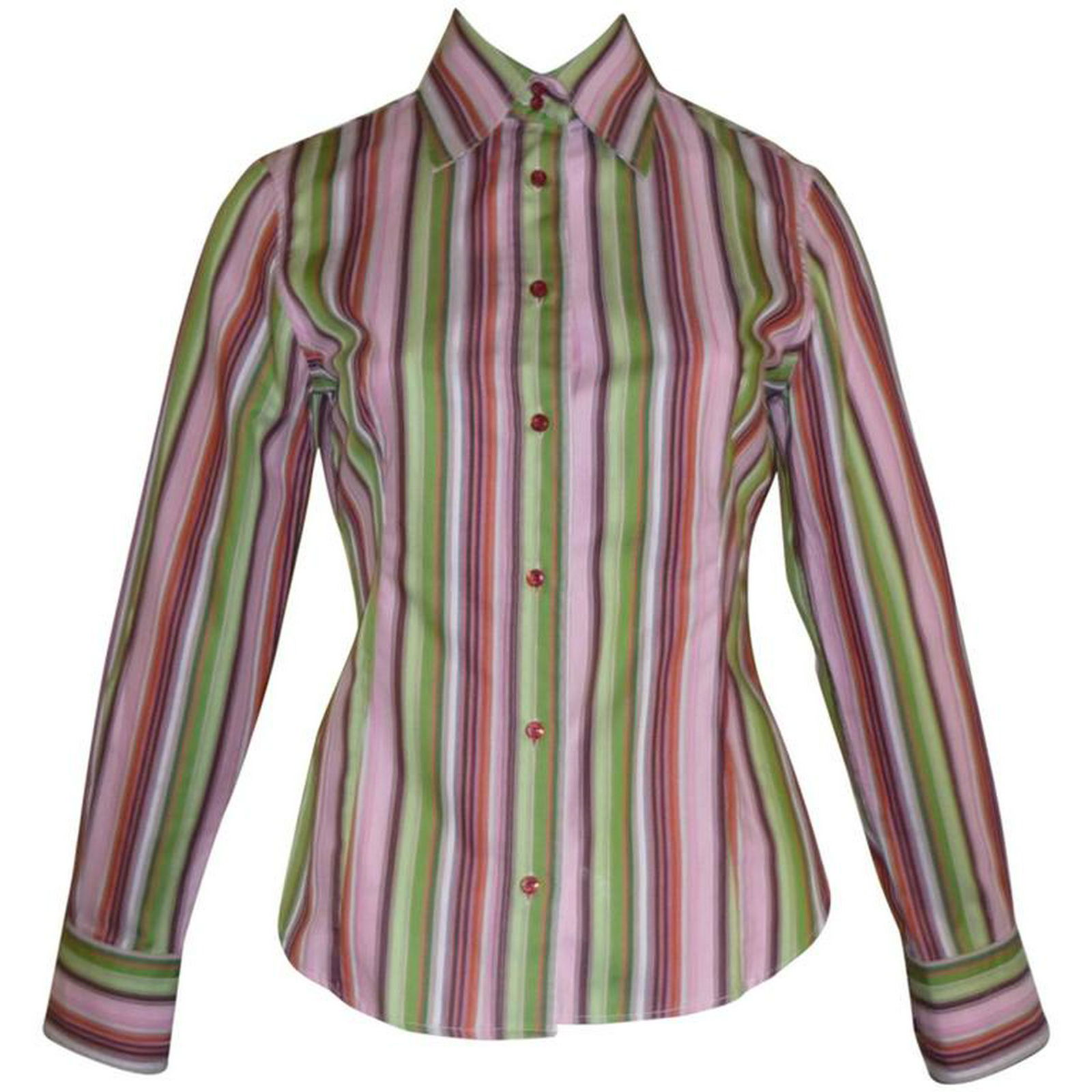 ETRO Cotton Multicolored Striped Shirt (40 ITL): Title: ETRO Cotton Multicolored Striped Shirt (40 ITL) Additional Information: Nice fitted cotton shirt with "Etro buttons". : Details Brand Etro Place of Origin Italy Period Late 20th Century Conditi