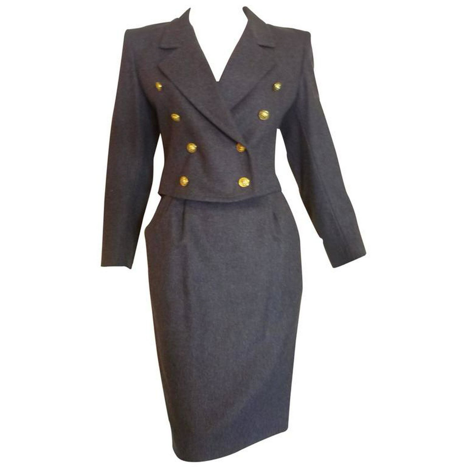 1980s Guy Laroche Grey Wool Skirt Suit (38 Fr): Title: 1980s Guy Laroche Grey Wool Skirt Suit (38 Fr) Additional Information: Very nice felt wool double breasted jacket and straight skirt. The jacket (18 L shoulder to hem) has a notched collar; lov