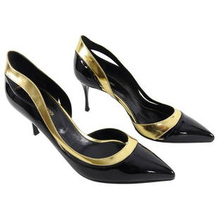 Sergio Rossi Black Patent and Gold Metallic Heels - 40: Sergio Rossi Black Patent and Gold Metallic Heels. Pointed toe, low 3” slim heel, cut-out design. Marked size 40 (USA 9.5). Brand new unworn condition with anti-slip grips added to bottom.; Sergio R