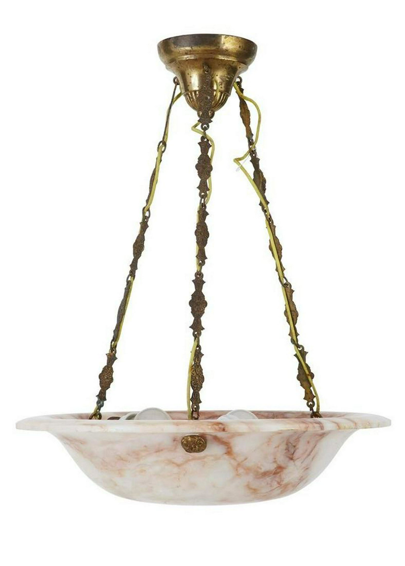 ART DECO ALABASTER CHANDELIER DISH CEILING LIGHT: Title: ART DECO ALABASTER CHANDELIER DISH CEILING LIGHT Dimensions: Height; 25" inches / 63CM; Diameter; 20.75 inches / 53CMDescription: BEAUTIFUL PINK VEINING FLOWING THROUGH THE BOWL. 3 BULB FITTING