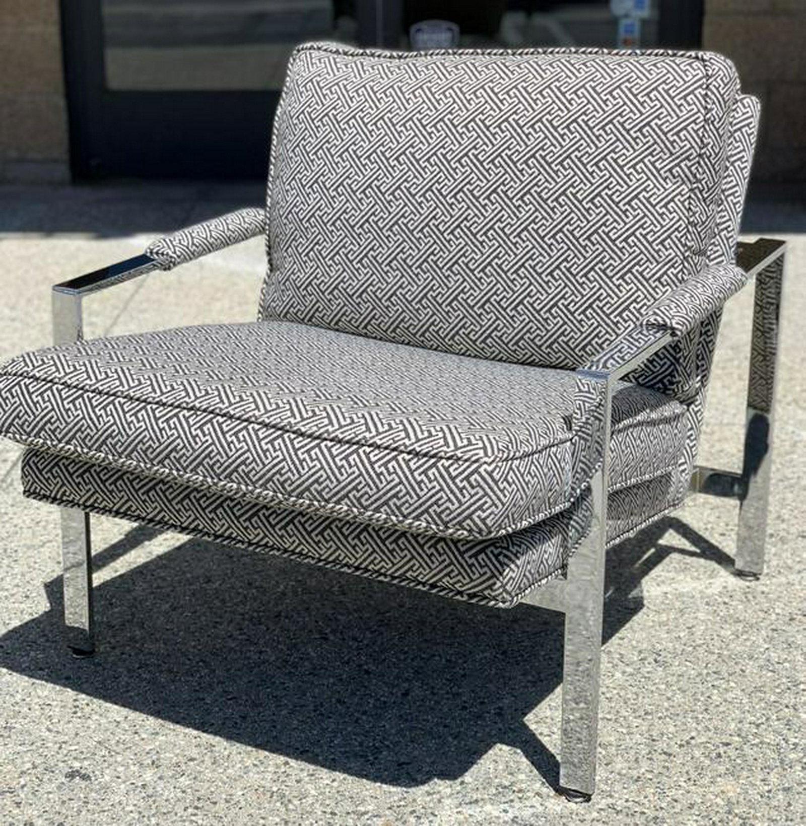 Milo Baughman flat bar lounge chairs (pair): Title: Milo Baughman flat bar lounge chairs (pair) Origin: USA Date/Period: 1979 Materials: Chrome plated metal Size: H 32” x W 29” x D 30” Versatile and classic 1970s lounge chairs by Milo Baug