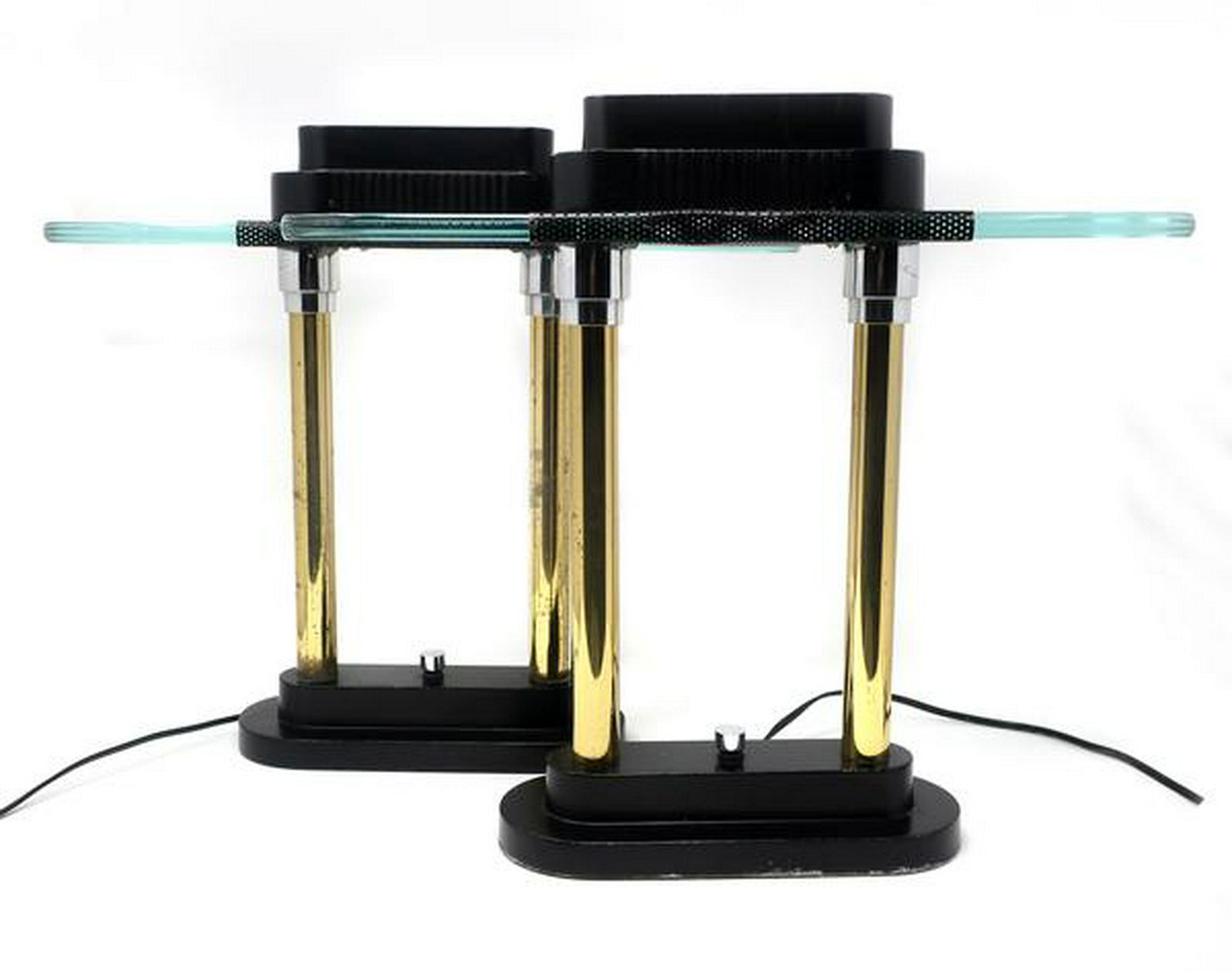 Pair of Robert Sonneman for George Kovacs Table Lamps,: A pair of Memphis-inspired, post-modern 1980s Robert Sonneman for George Kovacs table or desk lamps. Each lamp has two brass cloumns on a very heavy matte black base with chrome accents. The shade is