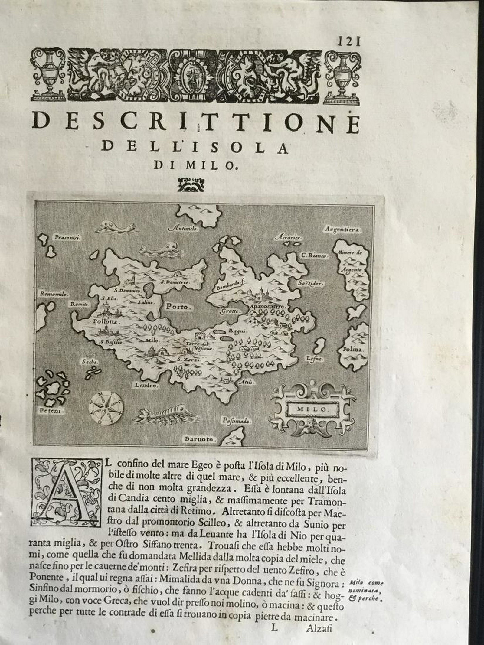 Milos. Greek Cycladic island.: Title/Content of Map: Milos. Greek Cycladic island. Date: 1576-1590. Cartographer: Porcacchi Size: 8x12”. Provenance: Republic of Venice First time this island map is published in a atlas. Decorated