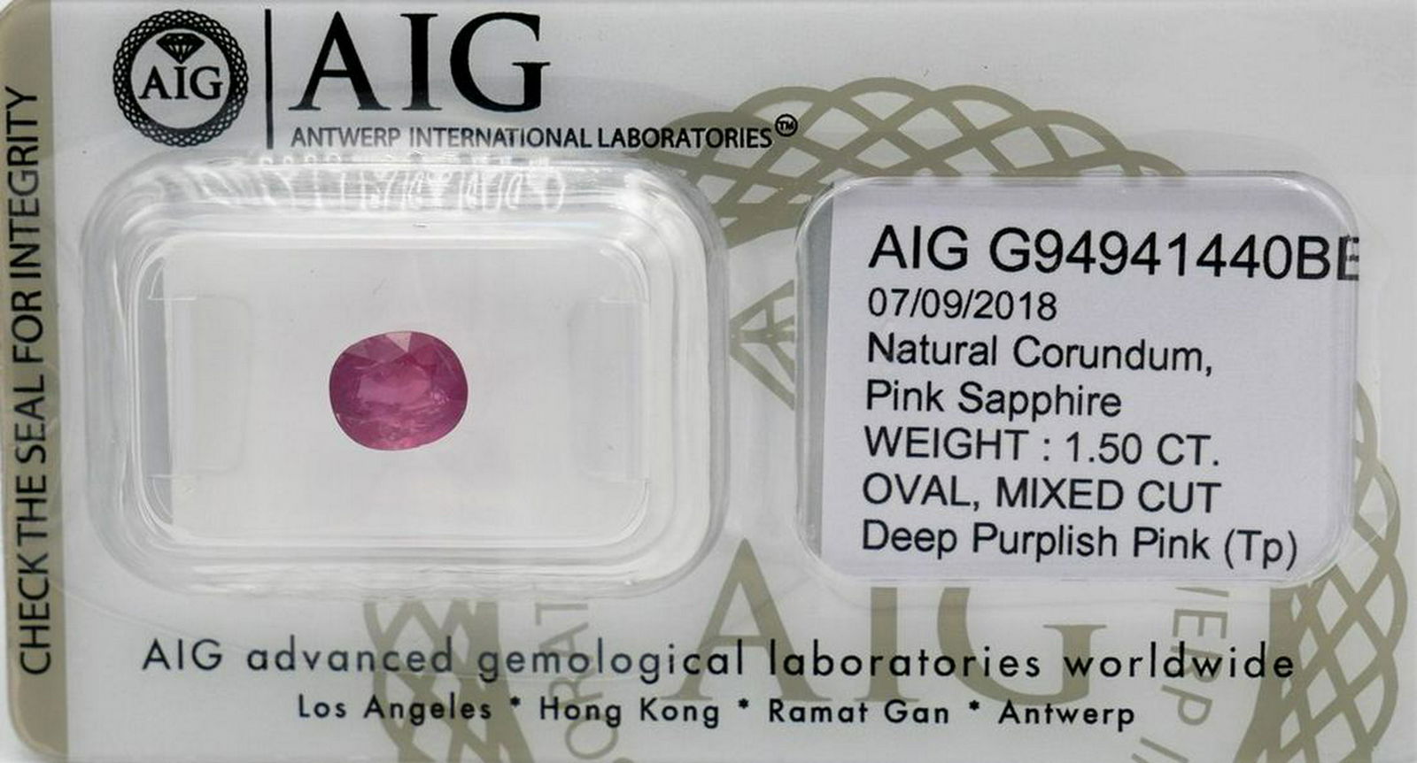 Pink Sapphire 1.50 ct **SEAL & Certified AIG (1 of 2)