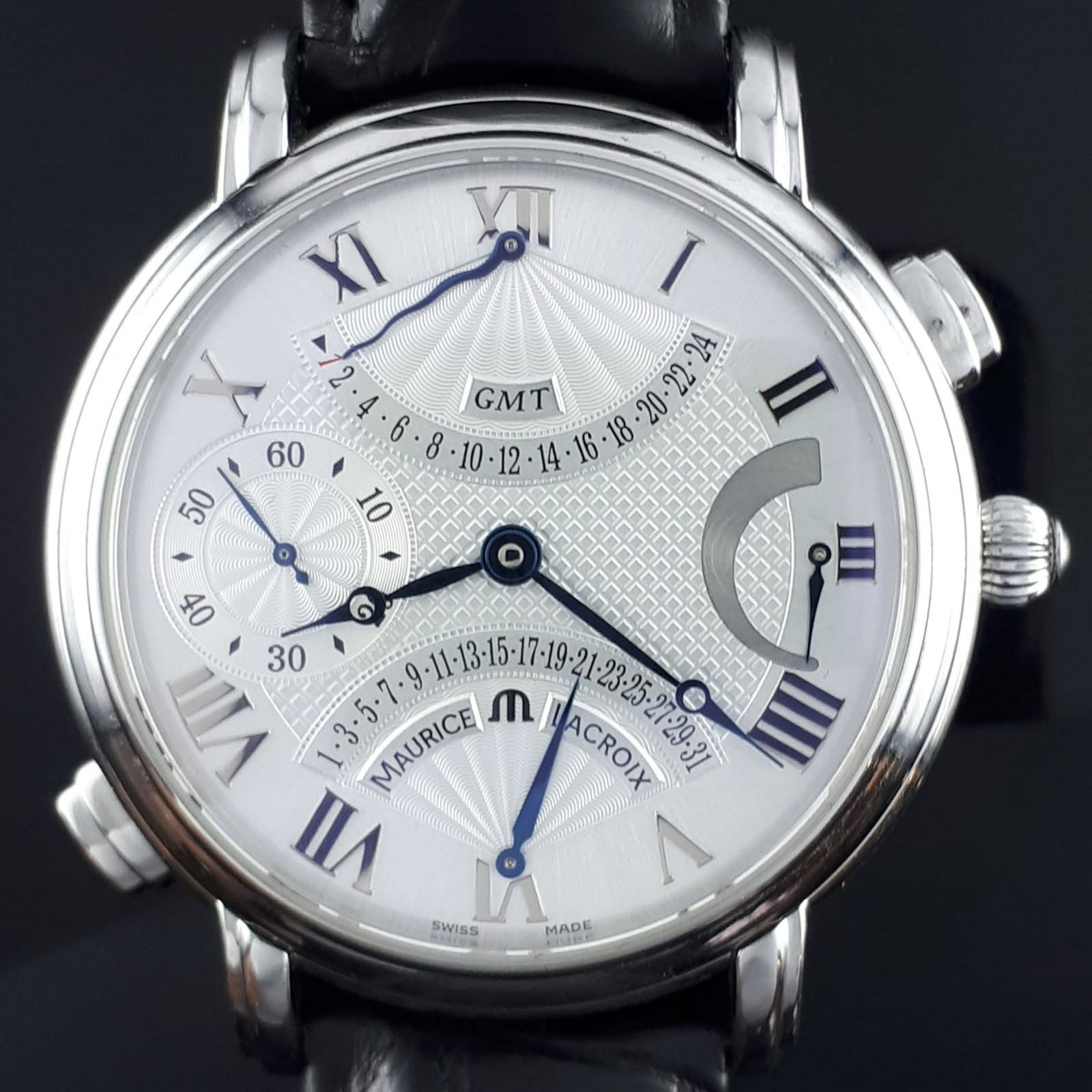 Maurice Lacroix - Masterpiece Double Retrograde -: Case : Polished stainless steel case. 925 Sterling silver dial with multiple guilloche patterned finishes. Blued steel hands. • Features : • Small seconds sub-dial at 9 o'clock. • Retrograde dat